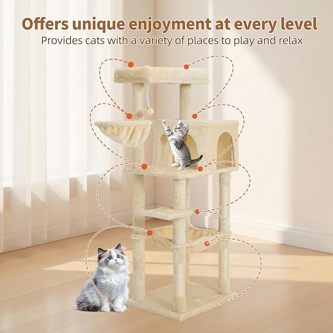 56.2 Inch Cat Tree Condo, Multi-Level Tower with Sisal Scratching Post, Cat House, Plush Toy & Indoor Play Gym (Beige)