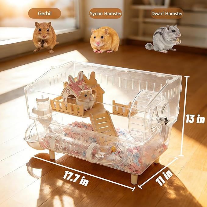 9-in-1 Acrylic Hamster Cage - Clear Pet Cage with 360° Transparent Viewing, Double Layer Chew-Proof Mice Enclosure with Crawling Tunnel for Dwarf Syrian Gerbils, 18 * 13 * 12in (Pink Cottage)