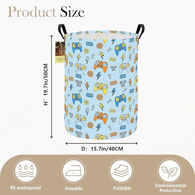 Collapsible Fabric Storage Basket, Waterproof Laundry Hamper with Handles, Round Storage Bin for Clothes Toys, Foldable Organizer for Bedroom Nursery Bathroom(Round-Color Game)