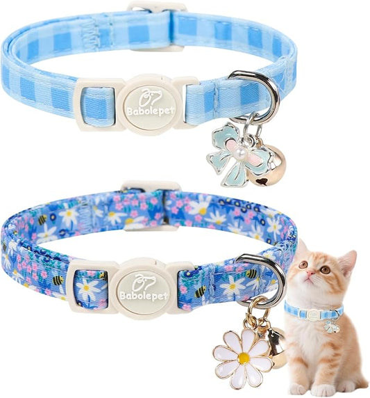 2 Pack Cute Cat Collars - Blue Plaid & Floral Breakaway Cat Collars, Adjustable Boy Girl Kitten Safety Collar for Small Dogs Puppy, Everyday Pet Collar with Bell & Pendant