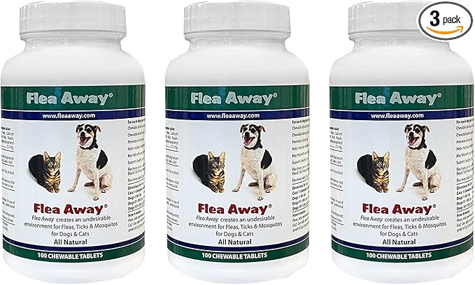 Flea Away All Natural Supplement for Fleas, Ticks, and Mosquitos Prevention for Dogs and Cats, 100 Chewable Tablets, 3 Pack