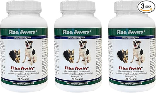 Flea Away All Natural Supplement for Fleas, Ticks, and Mosquitos Prevention for Dogs and Cats, 100 Chewable Tablets, 3 Pack