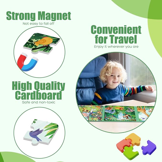 Magnetic Puzzles for Toddlers 3-5, 75-Pieces Travel Toys, Animal Jungle Puzzles Ages 4-6, Educational Learning Magnets, Road Car Trip & Airplane Activities Toys for 3 4 5 6 7 Girls Boys Gift