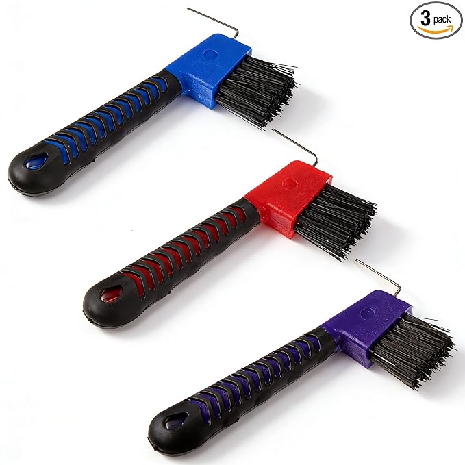 3 Pcs Horse Hoof Pick with Brush, 2-in-1 Hoof Pick for Horses with Soft Grip Rubber Handle, Grooming Brush Tool for Horse Grooming Supplies(Red&Purple&Blue)
