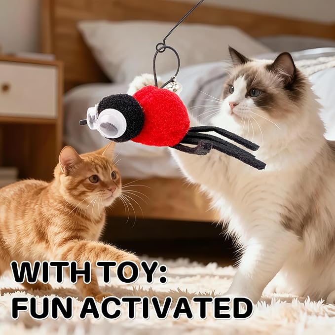Cat Wand Toy with Replaceable Red Spider Head, Interactive Insect & Feather Teaser Wand for Indoor Cats and Kittens, Ideal for Self-Play or Handheld Bonding, Stimulates Hunting Instincts, Exercise