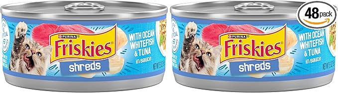 Friskies Purina Shreds with Ocean Whitefish and Tuna in Sauce Wet Cat Food - 5.5 oz. Cans (Pack of 48)