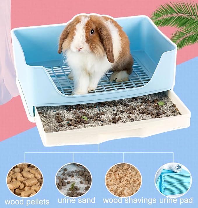 Large Rabbit Litter Box,Corner Potty Trainer with Drawer for Small Animals, Easy Clean Bedding Toilet for Adult Bunny, Guinea Pig, Ferret, Hamster (Blue)