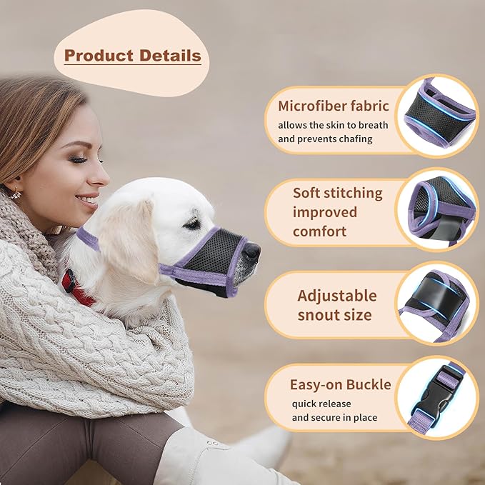 HEELE Dog Muzzle,Soft Nylon Muzzle Anti Biting Barking Chewing,Air Mesh Breathable Drinkable Adjustable Loop Pets Muzzle for Small Medium Large Dogs (Purple, M)