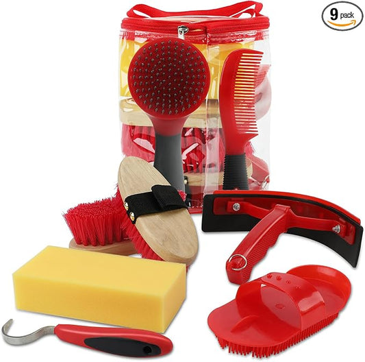9 Pieces Grooming Kit with Tote Bag - Brush Set, Sweat Scraper, Sponge, Hoof Pick, Curry Comb for Horse Riders and Beginners (Red)