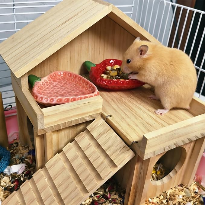 2PCS Hamster Bowl, Hamster Food Dish Ceramic Food Water Feeding Bowl Small Animal Bowls for Gerbil Rat Mice Hedgehog (Strawberry)