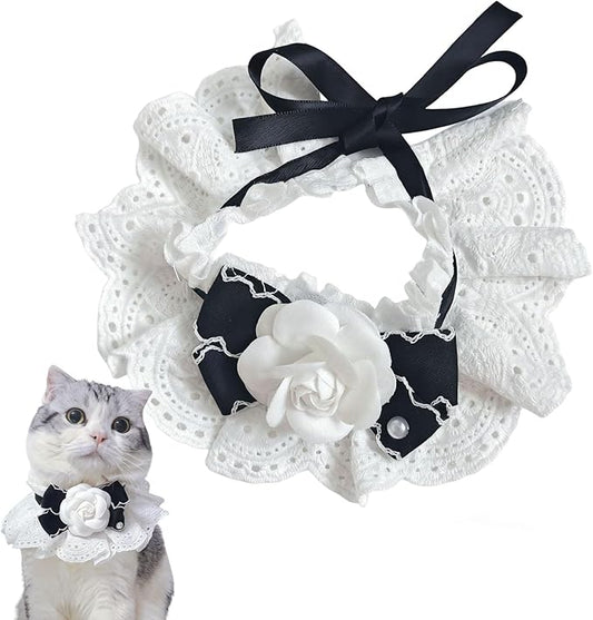 Elegant Lace Cat Collar with Cute Bow,Cat Collar with Bow Tie,Pet Lace Bib Collar with Cute Bow,Cat Princess Costumes,White,1 Piece ﻿
