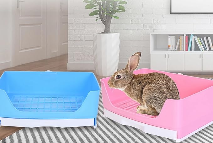 Large Rabbit Litter Box,Corner Potty Trainer with Drawer for Small Animals, Easy Clean Bedding Toilet for Adult Bunny, Guinea Pig, Ferret, Hamster (Blue)