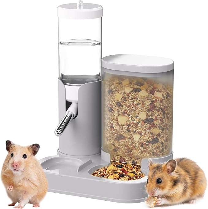2 in 1 Hamster Water Bottle, Automatic Feeder, No Drip Small Animal Water Dispenser Food Bowl for Syrian Dwarf Hamsters, Gerbils, Mouse, Hedgehog, Hamster Cage Accessories (Gray)