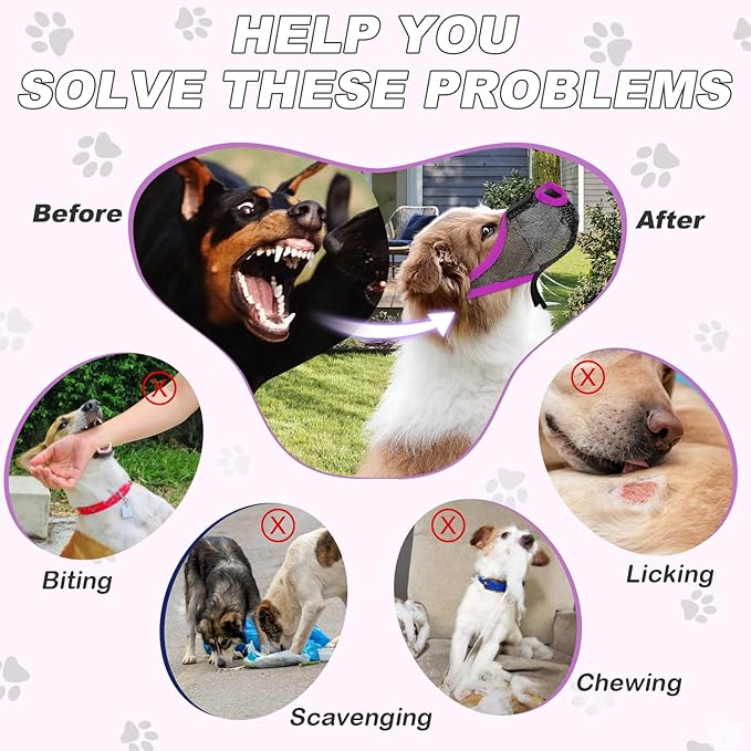 Dog Muzzle with Front Opening for Training and Treats, Breathable Air Mesh Muzzle for Biting Chewing Scavenging, Soft Lightweight Adjustable Mouth Guard for Small Medium Large Dogs(Purple,XL)