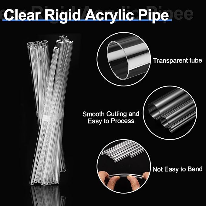uxcell 3Pcs Clear Rigid Acrylic Pipe, 10mm(0.39") ID x 12mm(0.47") OD 10" Round Polycarbonate Tube Plastic Tubing for Plumbing, Lighting, Aquarium, DIY Projects