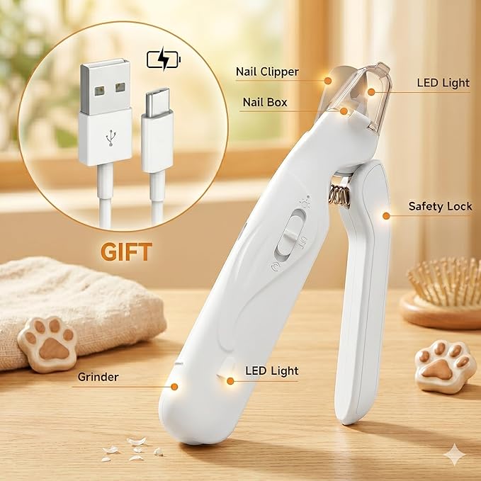 2-in-1 Dog Nail Clippers with Lights 2 LED & Dog Nail Grinder Quiet, Dog Nail Trimmers, USB Rechargeable and Splash Guard, Pet Nail Grinder for Small, Medium, and Large Dogs & Cats