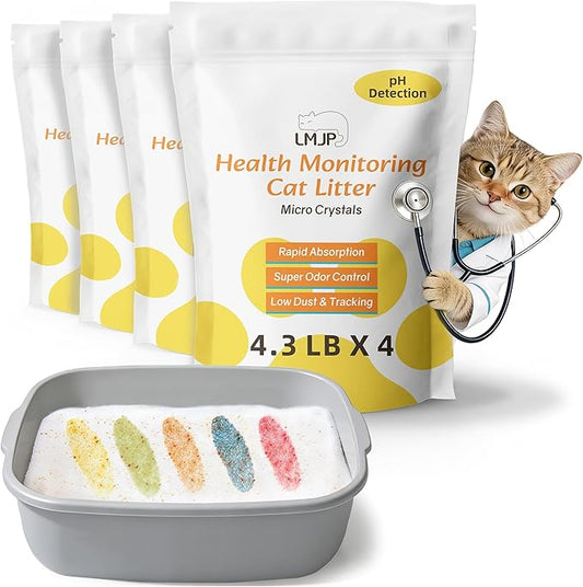 LMJP Health Monitoring Cat Litter — Super Odor Control, Color Changing for Early UTI Detection| 17.2lb, Non Clumping, Low Dust & Tracking, Micro Silica Crystals, Unscented — 3 Month Supply (4 x 4.3lb)