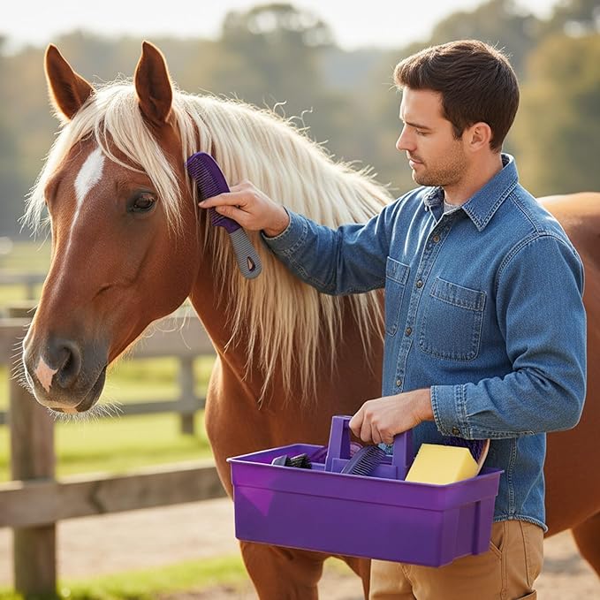 Abbylike Horse Grooming Kit with Tote Bag, 6-Piece Horse Care Set with Brush, Comb & Hoof Pick, Portable Grooming Supplies Organizer(Purple)