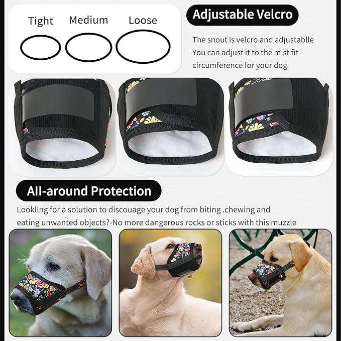 HEELE Dog Muzzle,Soft Nylon Muzzle Anti Biting Barking Chewing,Air Mesh Breathable Drinkable Adjustable Loop Pets Muzzle for Small Medium Large Dogs 4 Colors 4 Sizes (P-Black Sunflower, XS)