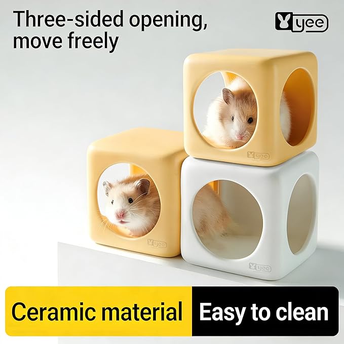 Ceramic Hamster House Cube Set, 4-Inch Stackable Small Animal Hideout Cave for Hamsters Mice Gerbils Dwarf Rabbits – Hard Durable DIY Mix & Match Habitat Hideaway Decor, White