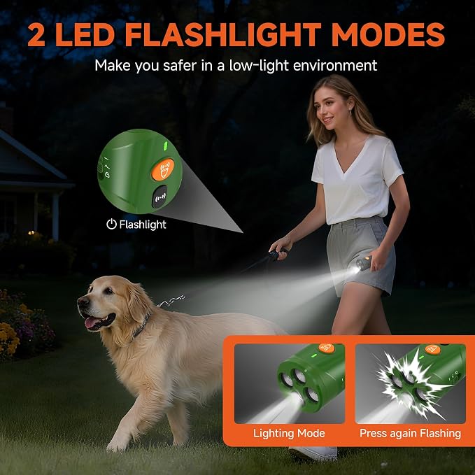 Dog Bark Deterrent Device, 3X Ultrasonic Anti Barking Device 6 Modes Dog Trainer Rechargeable & Portable Safe Bark Control Indoor Outdoor for All Dogs with LED Flashlight - Green