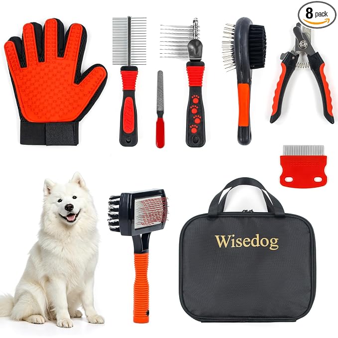 Wisedog Dog Grooming Kit, Reddish-black, 8PCS | Pin & Bristle Brush, Slicker Brush, Dematting Tool, Nail Clipper, Hair Removal Mitts, Flea Comb