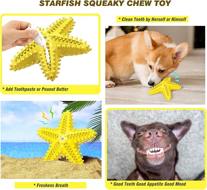 Squeaky Dog Toys - Starfish Natural Teeth Cleaning Toy for Small & Medium Dogs - Yellow