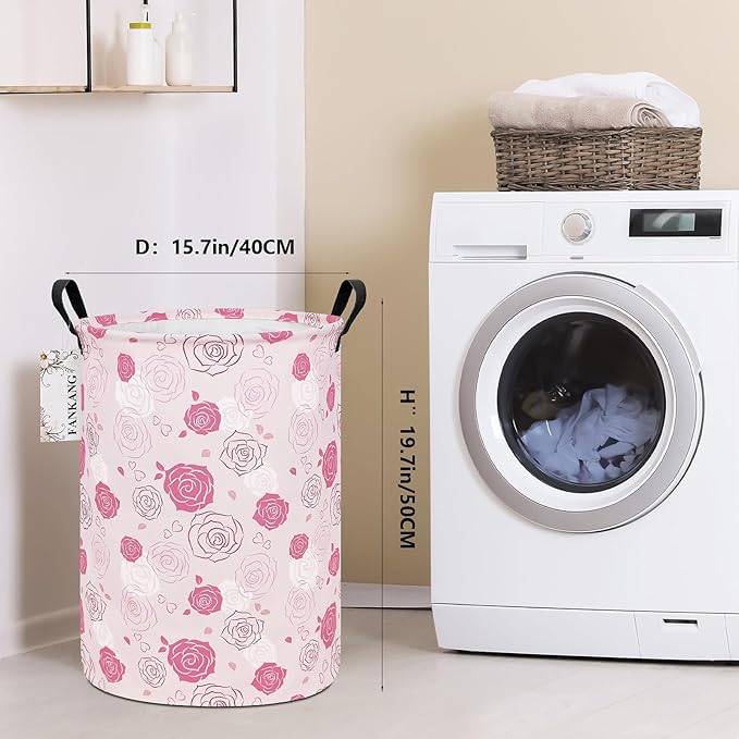 Storage Basket, Nursery Hamper Canvas Laundry Basket Foldable with Waterproof PE Coating Large Storage Baskets for Kids Boys and Girls, Office, Bedroom, Clothes,Toys(Pink roses)