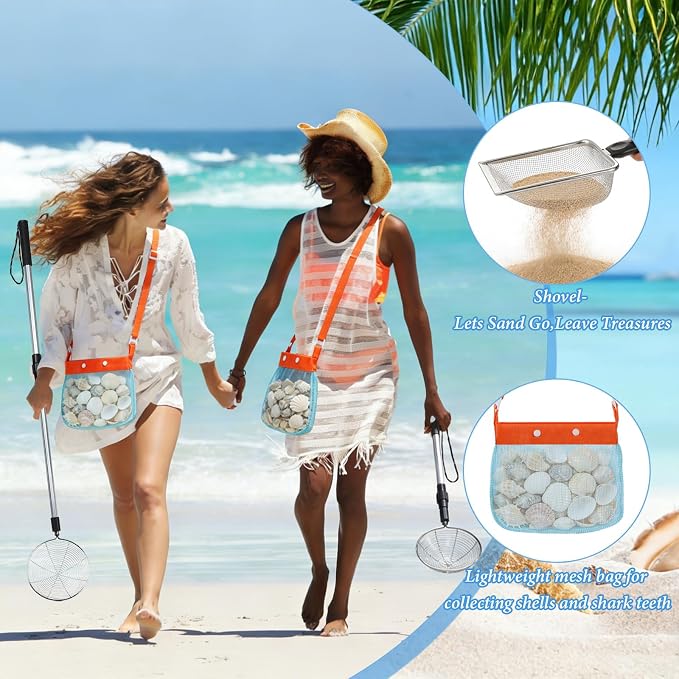 6 Pc Sand Sifter Shark Tooth Sifter with Sea Shell Collecting Bags, Shark Teeth Sifter Shelling Tools for Beach & Sand Dipper Shell Scooper for Beach