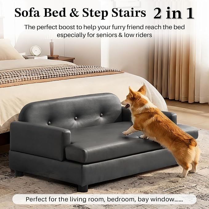 Luxury Dog Sofa Bed Elevated Pet Couch with Durable Waterproof Leather & Orthopedic Sponge - Modern Furniture Style Dog Lounge & Pet Bedside Step for Medium/Large Dogs, Gray