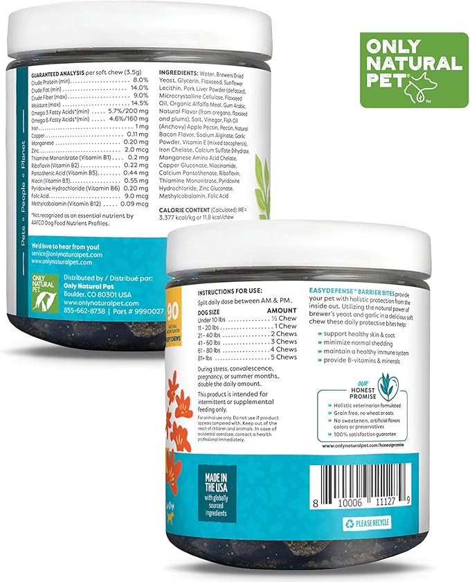 Only Natural Pet EasyDefense Barrier Bites Soft Flea Chews for Dogs - First Line of Defense Againts Fleas & Ticks, Boosts Immune System and Healthy Skin & Coat - (90 Bacon Flavored Soft Chews) 1 Pack