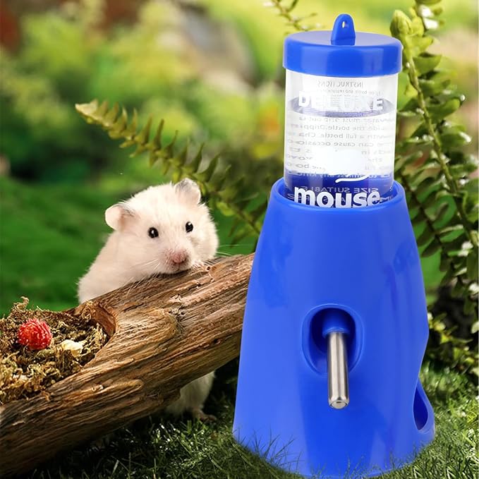 Hypeety Hamster Water Bottle with Base Hamster Automatic Water Dispenser Cage Accessories for Dwarf Hamster Mouse Rat Hedgehog Guinea Pig 80ML (Blue, 80ml)