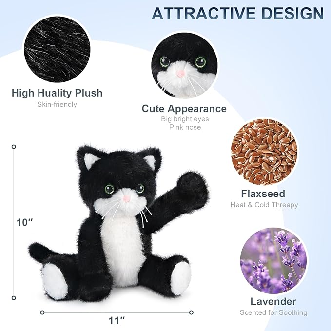SuzziPals Heatable & Coolable Black and White Cat Stuffed Animal, Cat Heating Pad Microwavable for Soothing & Relaxation, Lavender Scented Tuxedo Cat Plush Toy for Stress Relief, Cat Toys for Kids