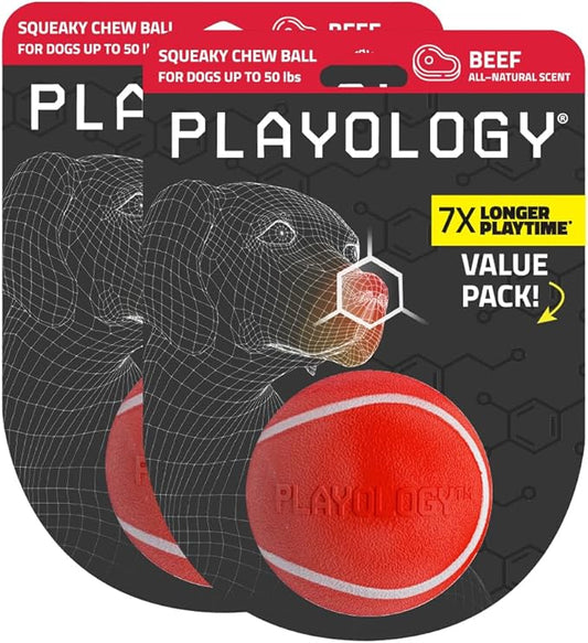 Playology Dog Toys | Squeaky Chew Ball for Dogs, Value 2-Pack | Beef Scented Medium Dog Balls | Bouncy Floating Chew Toys for Fetch