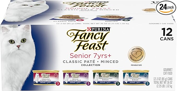 Purina Fancy Feast High Protein Senior Wet Cat Food Variety Pack, Senior 7+ Chicken, Beef & Tuna Feasts - (2 Packs of 12) 3 oz. Cans