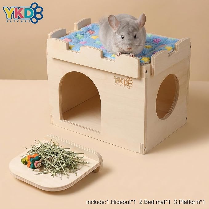 Castle Hanging Chinchilla House, Small Animal Hideout | Chinchilla, Guinea Pig, Hedgehog, or Rat, Ventilated Wooden Hamster Habitat with Multiple Doors, Made from Natural Wood