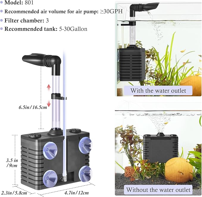 Dirvin 3 in 1 Aerodynamics Aquarium Filter, Removable Powerful Internal Fish Tank Filter, Fish Tank Filters with Triple Filter System and Aeration Deodorization for 5-30 Fish Tanks, Turtle Tanks