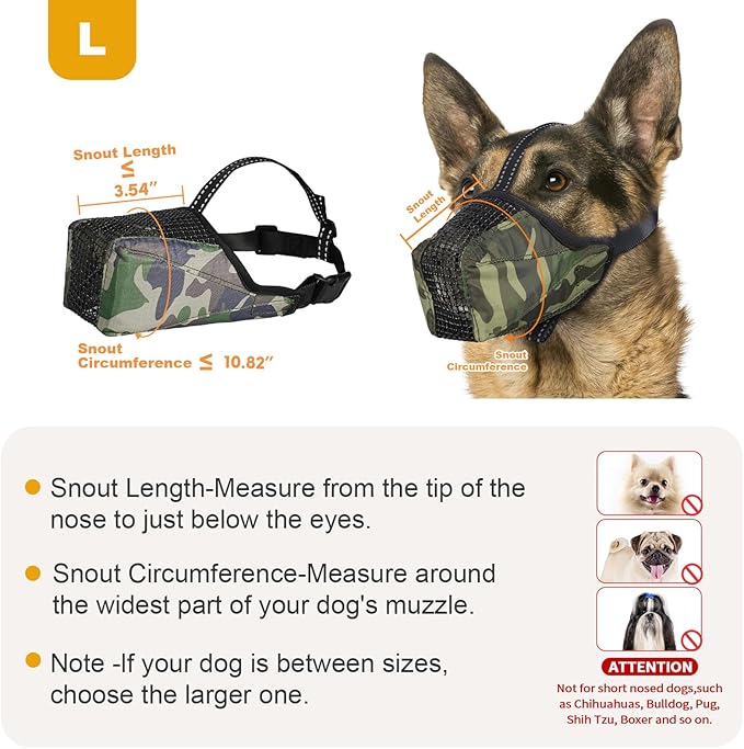 Mesh Dog Muzzle, Breathable Soft Dog Muzzle with Reflective Straps for Secure Fit, Prevents Biting, Chewing Scavenging- Adjustable for Small Medium Large Dogs,Camo,L