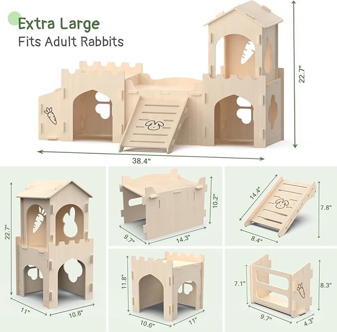 Wooden Rabbit House Extra Large 2-Level Bunny Hideout for Indoor Pets, Castle with Feeder & Stair