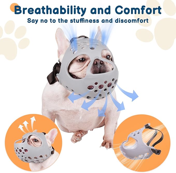 BARKLESS Dog Muzzle for Short Snout, Soft Frenchie Muzzle for Biting, Chewing, Licking for French Bulldogs Boston Terriers, Ideal for Flat-Faced Aggressive Dogs Grooming Walking, Allows Drinking