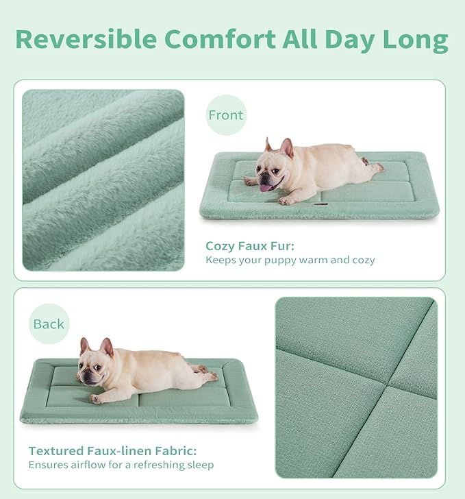 MADE 4 PETS Dog Crate Pad Bed for Small Dogs, Washable & Reversible, Anti-Slip Kennel Mat for Cozy Sleeping, Soft Fluffy Dog Bed for Indoor & Outdoor Use, 24"x18", Green