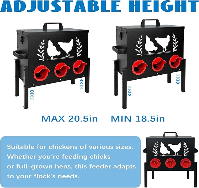 No Waste Automatic Chicken Feeder (30 LB), Rodent Resistant Metal Poultry Feeder with Locking Lid, Adjustable Stand & 8 Ports, Heavy Duty Weatherproof Feed Box for Hens, Ducks