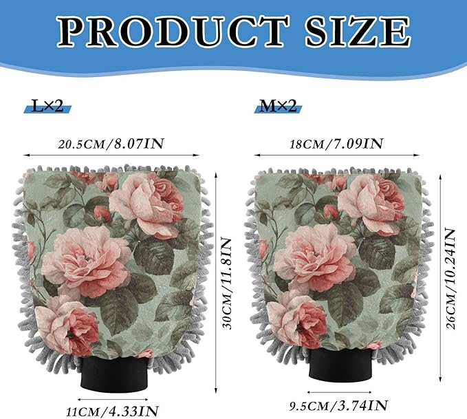 Car Wash Mitt Microfiber Wash Mitts for Car Washing Scratch-Free Cleaning Gloves Soft Non Absorbent Chenille Auto Hand Mitt Large 2Pack Sage Green Elegant Roses with Leaves