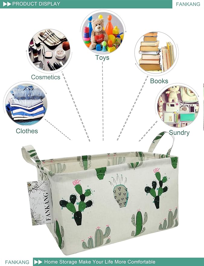 Storage Basket,Nursery Hamper Canvas Laundry Basket Foldable with Waterproof PE Coating Storage, Office, Bedroom, Clothes,Toys (L, Rec-Cactus)