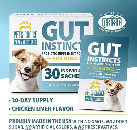 Pet's Choice Gut Instincts Probiotic Supplement Powder Packets for Dogs, 30 ct, Veterinary Formulated Dog Probiotics with Vitamins for Gut Health, Digestive Balance, Diarrhea Support, Chicken Flavor