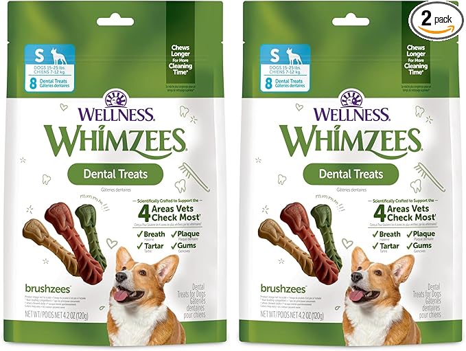 Whimzees Wellness Brushzees Dog Dental Treat, VOHC Accepted Chews, Freshens Breath, Small Size, 4.2 oz Bag, 8 Count (Pack of 2)