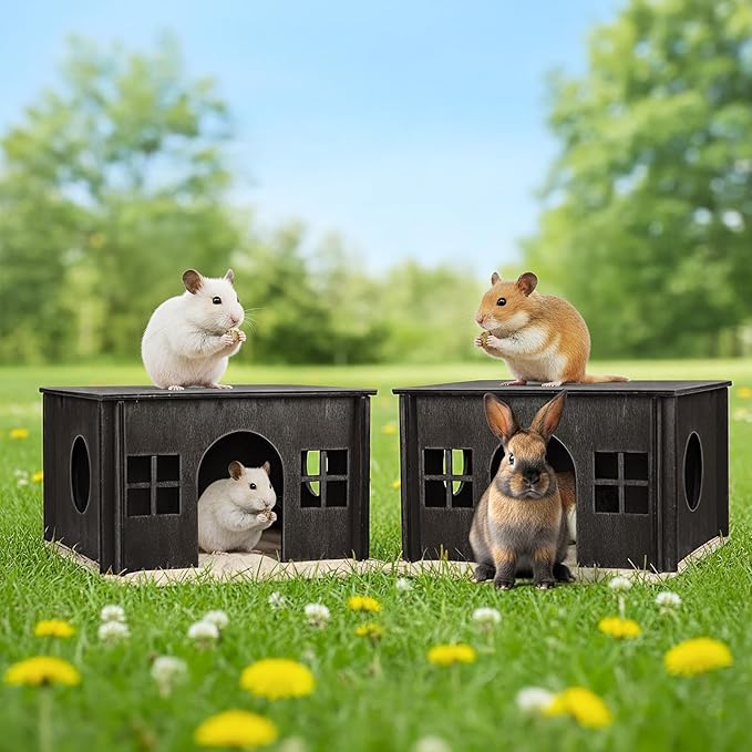 Black Guinea Pig Hideout and Hideouts, Wooden Guinea Pig House with Cushion, Lovely Chinchilla House with Windows, Large Hamster House Hideout for Hamsters Small Bunny Chinchillas Playing Hiding