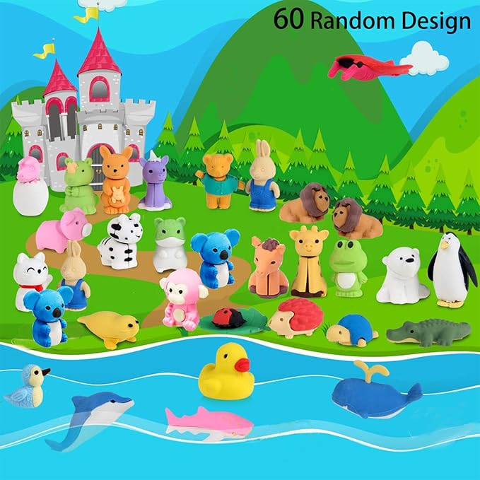 URSKYTOUS 60Pcs Animal Erasers Desk Pets for Kids Animal Pencil Erasers Bulk Puzzle Eraser Toys Gifts for Classroom Prizes,Game Reward,Treasure Box,Easter Egg Fillers,Goodie Bag Stuffers,Party Favors