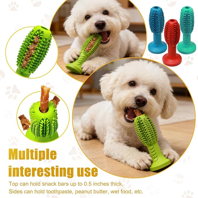 Dog Chew Toys, Interactive Suction Cup Toothbrush Chew Toy for Puppy Teething, Rubber Teeth Cleaning Stick with Treat Holder for Small and Medium Dogs (Red)