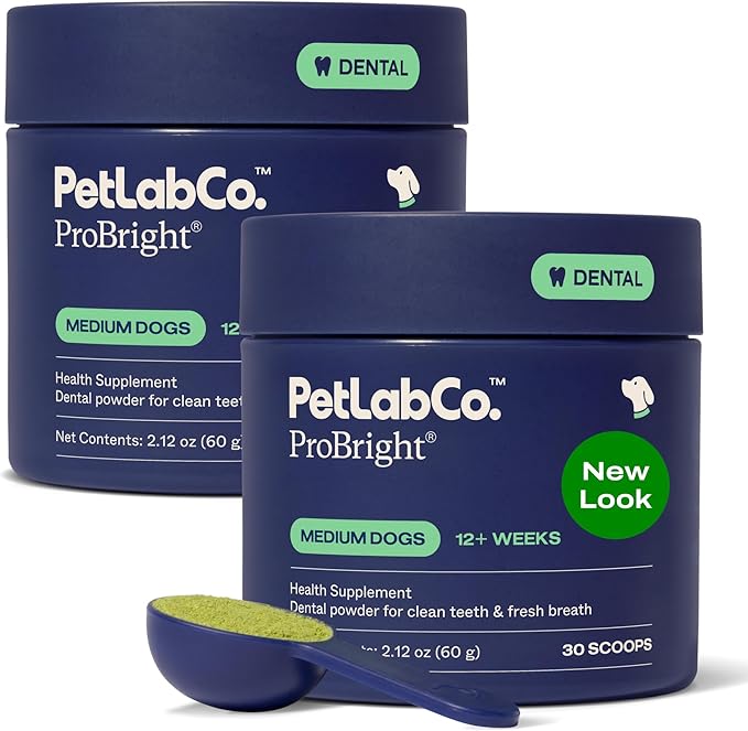 PetLab Co. ProBright Dental Powder - Dog Breath Freshener - Teeth Cleaning Made Easy – Targets Tartar & Bad Breath - Formulated for Medium Size Dogs - Pack of 2